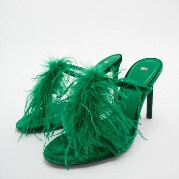 Zara Shoes - ZARA Feathered Velvet Heeled Sandals Size 38 Blogger Favorite 2022 Stilettos
